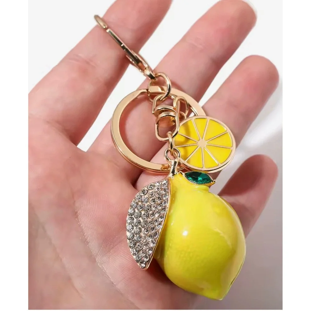 Yellow Lemon Fruit Keychain Rhinestone Leaf Gold Tone Bag Charm Accessory